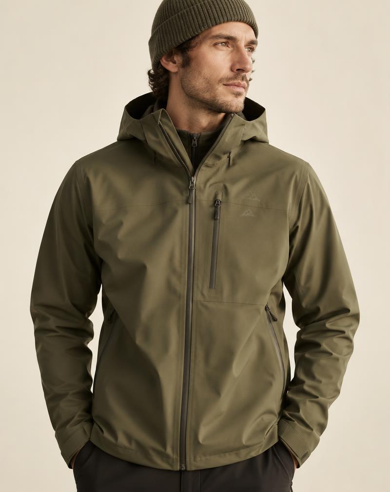 Model wearing an olive technical shell jacket
