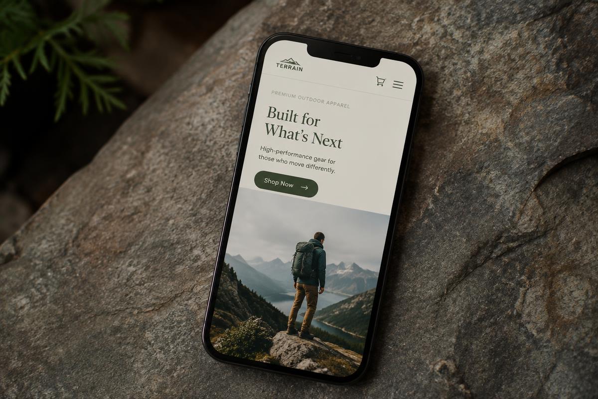 Phone showing an outdoor apparel landing page
